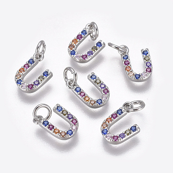 Brass Micro Pave Cubic Zirconia Charms, Letter, Colorful, Platinum, Letter.U, 9x6x1.7mm, Hole: 2mm