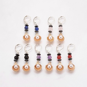 Natural Mixed Gemstone and Non-Magnetic Synthetic Hematite Leverback Earrings, with Shell Alloy Charms, Acrylic Pearl and Brass Leverback Earring Findings, 46~47mm, Pendant: 32x12mm