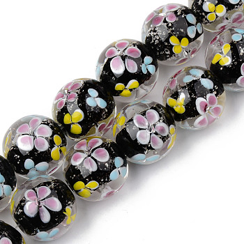 Handmade Lampwork Beads Strands, Inner Flower, Round, Black, 19~20x19mm, Hole: 1.5mm, about 20pcs/strand, 14.57 inch(37cm)