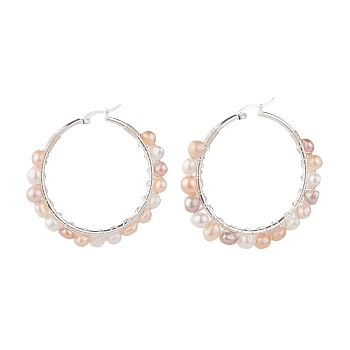 Natural Pearl Wire Wrapped Beaded Hoop Earrings for Women, Silver, Seashell Color, 52x55x8mm, Pin: 0.8mm