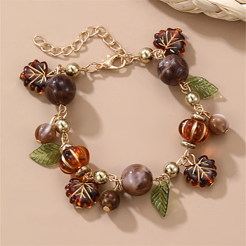 Resin & Acrylic Charm Bracelets, Glass Beaded Bracelets for Women, Maple Leaf & Pumpkin, Saddle Brown, 6.89 inch(17.5cm)