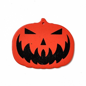 Single Face Printed Wood Big Pendants, Halloween Charms, Black, Dark Orange, Pumpkin, 53x64x2.5mm, Hole: 3mm