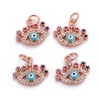 Brass Micro Pave Cubic Zirconia Charms, with Enamel and Jump Rings, Evil Eye, Colorful, Rose Gold, 13x15x3.5mm, Hole: 3mm