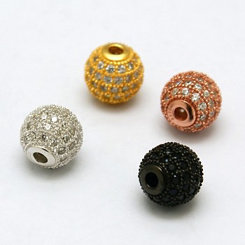 Round 925 Sterling Silver Beads, with Micro Pave Cubic Zirconia, Mixed Color, 10mm, Hole: 2mm