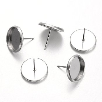 Flat Round Stainless Steel Stud Earring Settings, Stainless Steel Color, Tray: 12mm, 14mm, Pin: 0.7mm