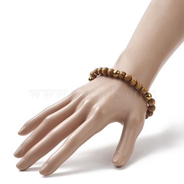 Natural Wood & Synthetic Hematite Round Beaded Stretch Bracelet for Women(BJEW-JB09148)-5