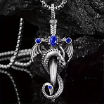 Alloy & 201 Stainless Steel & Rhinestone Dinosaur Wrapped Sword Pendant Necklaces for Men, Silver, Capri Blue, 23.62 inch(60cm)(FS-WGFE8C1-06)