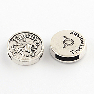 Antique Silver Plated Tibetan Style Flat Round Alloy Slide Charms, with Constellation/Zodiac Sign, Cadmium Free & Lead Free, Taurus, 17~18x5mm, Hole: 11x3mm, about 12pcs/45g(TIBEB-Q063-04AS-NR)