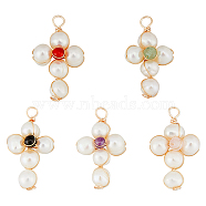 10Pcs 5 Styles Natural Mixed Stone Copper Wire Wrapped Pendants, Religion Cross Charm, with Natural White Freshwater Pearl Beads, Real 18K Gold Plated, 31.5x17.5x7mm, Hole: 3.1mm, 2pcs/style(FIND-FH0008-81)