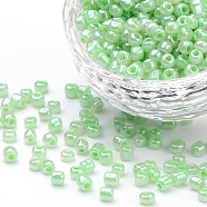 (Repacking Service Available) Glass Seed Beads, Ceylon, Round, Pale Green, 6/0, 4mm, Hole: 1.5mm, about 12g/bag(SEED-C020-4mm-144)