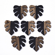 Resin & Walnut Wood Pendants, Tropical Leaf Charms, Monstera Leaf Pendant, Black, 30x28x3.5mm, Hole: 2mm(RESI-S358-24J)