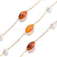 Handmade Amber & CCB Plastic Beaded Chains, with Ion Plating(IP) 304 Stainless Steel Paperclip Chains, Unwelded, Oval and Round, Real 18K Gold Plated, 2.2x1x0.5mm(CHS-P019-12G)