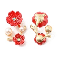 Zinc Alloy Cabochons, with Plastic Imitation Pearls and Rhinestones, Plum Blossom Branch, Red, 23.5x15x6mm(FIND-C035-01G-04)