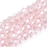 Transparent Electroplate Glass Beads Strands, Pearl Luster Plated, Faceted, Bicone, Misty Rose, 4x4mm, Hole: 0.8mm, about 82~85pcs/strand, 12.01~12.2 inch(30.5~31cm)(EGLA-A039-T4mm-A26)