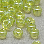 12/0 Grade A Round Glass Seed Beads, Transparent Colours Lustered, Green Yellow, 12/0, 2x1.5mm, Hole: 0.3mm(SEED-Q011-F518)