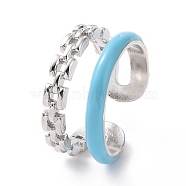 Enamel Double Line Open Cuff Ring, Platinum Plated Brass Jewelry for Women, Light Sky Blue, US Size 6(16.5mm)(RJEW-E051-01P-03)