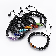 Natural Lava Rock and Non-Magnetic Synthetic Hematite Beads Braided Bead Bracelets, with Natural & Synthetic Mixed Gemstone, 2-1/8 inch~3 inch(5.3~7.8cm), 7pcs/set(BJEW-JB03975)