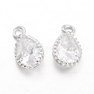 Teardrop Brass Cubic Zirconia Charms, Platinum, 12x7x3.5mm, Hole: 1.5mm(KK-L134-23P)