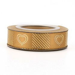 Polyester Ribbons, Single Face Golden Hot Stamping, for Gifts Wrapping, Party Decoration, Heart Pattern, Sandy Brown, 5/8 inch(17mm), 10yards/roll(9.14m/roll)(SRIB-H038-02F)