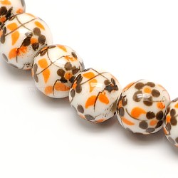 Handmade Flower Printed Porcelain Ceramic Beads Strands, Round, Orange, 6mm, Hole: 2mm, about 60pcs/strand, 13 inch(PORC-M005-6mm-08)