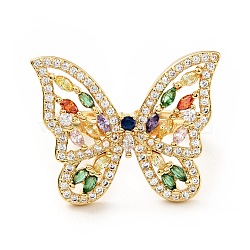 Colorful Cubic Zirconia Butterfly Open Cuff Ring, Brass Wide Chunky Ring for Women, Cadmium Free & Lead Free, Real 18K Gold Plated, US Size 6 1/2(16.9mm)(KK-D080-13G)