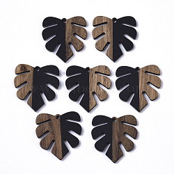 Resin & Walnut Wood Pendants, Tropical Leaf Charms, Monstera Leaf Pendant, Black, 30x28x3.5mm, Hole: 2mm(RESI-S358-24J)