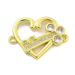 Rack Plating Brass Pave Clear Cubic Zirconia Connector Charms, Heart with Key Links, Cadmium Free & Lead Free, Long-Lasting Plated, Real 18K Gold Plated, 17x23x3mm, Hole: 1.5mm(KK-B091-33G)