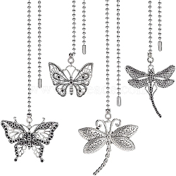 4Pcs Tibetan Style Alloy Ceiling Fan Pull Chain Extenders, with 304 Stainless Steel Ball Chain, Butterfly & Dragonfly, Antique Silver & Stainless Steel Color, 343~365mm(AJEW-BC0003-50)