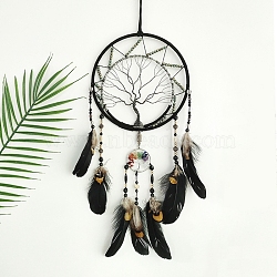 Iron & Gemstone Pendant Decoration, Woven Net/Web with Feather Home Wall Hanging Decor, Flat Round with Tree of Life, Black, 560mm(PW-WG67115-01)