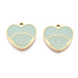 Ion Plating(IP) 316L Surgical Stainless Steel Charms, Nickel Free, with Enamel, Real 18K Gold Plated, Heart with Eye Charm, Aquamarine, 11.5x12x1.5mm, Hole: 1.2mm(STAS-D035-07G-03)