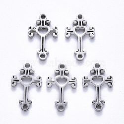 201 Stainless Steel Links Connectors, Laser Cut, Cross with Heart, Stainless Steel Color, 19x12x1.5mm, Hole: 1.6mm(STAS-S114-42)
