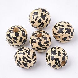 Printed Natural Wood Beads, Dyed, Round with Leopard Print Pattern, Black, 12.5x14x13mm, Hole: 3mm(WOOD-S053-39)