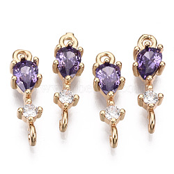 Brass Micro Pave Cubic Zirconia Links Connectors, with Glass, Long-Lasting Plated, Light Gold, Teardrop, Violet, 17x5x3.5mm, Hole: 1.5mm(KK-R111-007-A04)