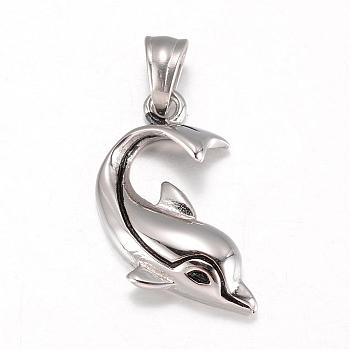 316 Surgical Stainless Steel Pendants, Dolphin, Stainless Steel Color, 27x15x5mm, Hole: 4x6mm