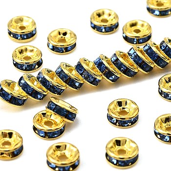 Brass Grade A Rhinestone Spacer Beads, Golden Plated, Rondelle, Nickel Free, Light Sapphire, 6x3mm, Hole: 1mm