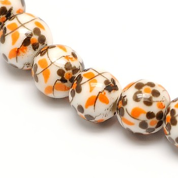 Handmade Flower Printed Porcelain Ceramic Beads Strands, Round, Orange, 6mm, Hole: 2mm, about 60pcs/strand, 13 inch