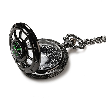 Alloy Glass Pendant Pocket Necklace, Electronic Watches, with Iron Chains and Lobster Claw Clasps, Flat Round with Compass, Black, 18.31 inch(46.5cm), watches: 59x46x20mm