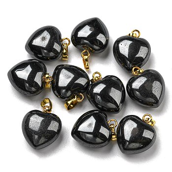 Natural Black Stone Pendants, with Golden Tone Brass Findings, Heart Charm, 18x15~15.5x6~8mm, Hole: 6x3mm