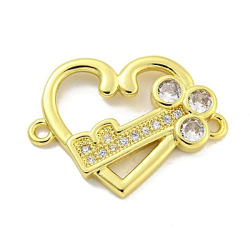 Rack Plating Brass Pave Clear Cubic Zirconia Connector Charms, Heart with Key Links, Cadmium Free & Lead Free, Long-Lasting Plated, Real 18K Gold Plated, 17x23x3mm, Hole: 1.5mm