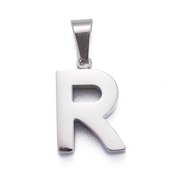 304 Stainless Steel Letter Pendants, Manual Polishing, Alphabet, Stainless Steel Color, Letter.R, 18x12.5x4mm, Hole: 7x3.5mm