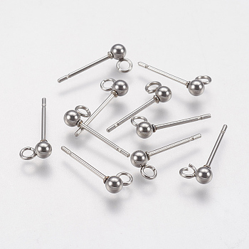 202 Stainless Steel Ball Stud Earring Findings, with 304 Stainless Steel Pins and Loop, Round, Stainless Steel Color, 6mm, Pin: 0.8mm