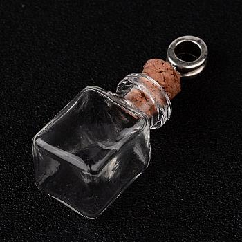 Cuboid Glass Wishing Bottle European Dangle Charms, with Alloy Tube Bails and Iron Findings, Antique Silver, 47mm, Hole: 4.5mm, Capacity: 2ml(0.06 fl. oz)