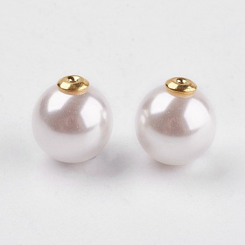 Acrylic Pearl Ear Nuts, Earring Backs, with Golden Tone Brass Findings, Round , White, 13x12mm, Hole: 0.8mm