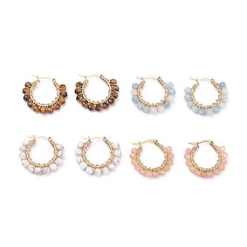 Faceted Round Natural Stone Beads Huggie Hoop Earrings for Girl Women, Wire Wrap Ring 304 Stainless Steel Earrings, Golden, 25~26x28~29x4~4.5mm, Pin: 1mm, 4Pair/set