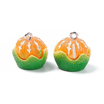 Opaque Resin Pendants, Tangerine Charms, with Platinum Tone Iron Loops, Imitation Fruit, Lime Green, 17x17.5mm, Hole: 1.8mm