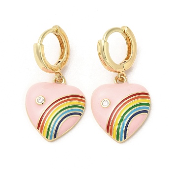 Heart with Rainbow Real 18K Gold Plated Brass Dangle Hoop Earrings, with Cubic Zirconia and Enamel, Misty Rose, 34.5x18mm