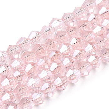 Transparent Electroplate Glass Beads Strands, Pearl Luster Plated, Faceted, Bicone, Misty Rose, 4x4mm, Hole: 0.8mm, about 82~85pcs/strand, 12.01~12.2 inch(30.5~31cm)