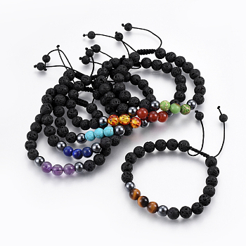 Natural Lava Rock and Non-Magnetic Synthetic Hematite Beads Braided Bead Bracelets, with Natural & Synthetic Mixed Gemstone, 2-1/8 inch~3 inch(5.3~7.8cm), 7pcs/set