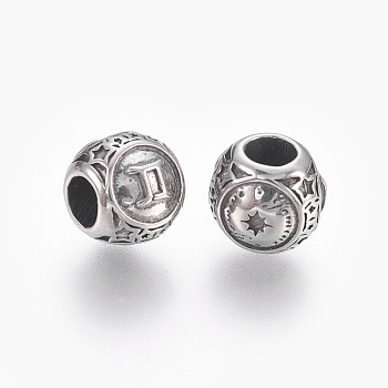 316 Surgical Stainless Steel European Beads, Large Hole Beads, Rondelle, Gemini, Antique Silver, 10x9mm, Hole: 4mm