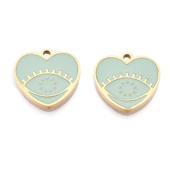 Ion Plating(IP) 316L Surgical Stainless Steel Charms, Nickel Free, with Enamel, Real 18K Gold Plated, Heart with Eye Charm, Aquamarine, 11.5x12x1.5mm, Hole: 1.2mm